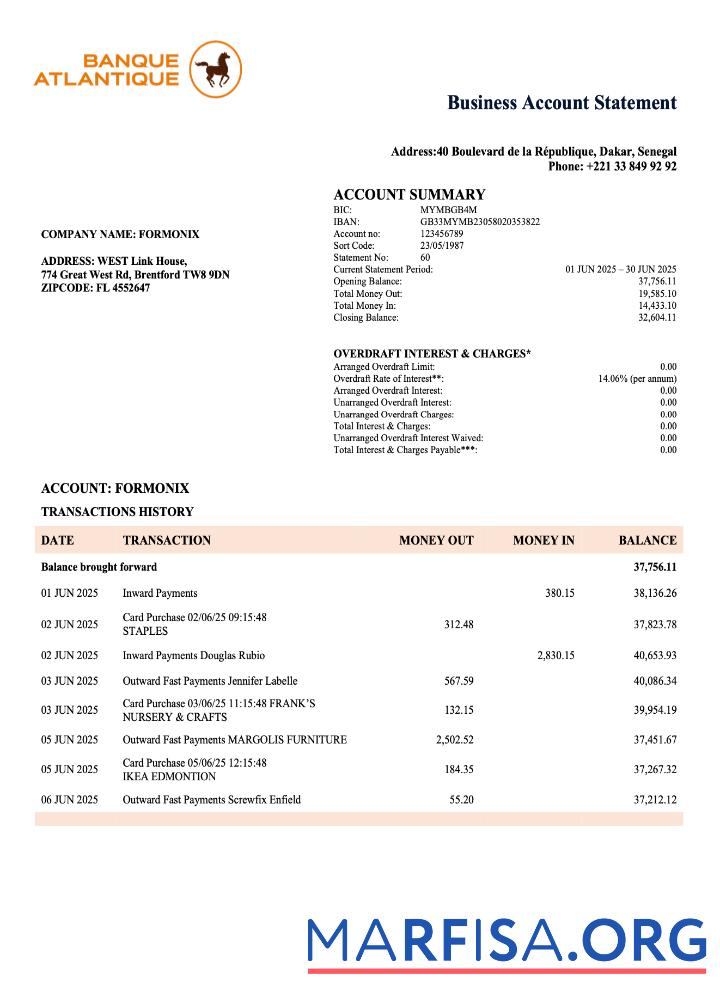 Realistic Senegal Banque Atlantique company checking account statement Word and PDF template